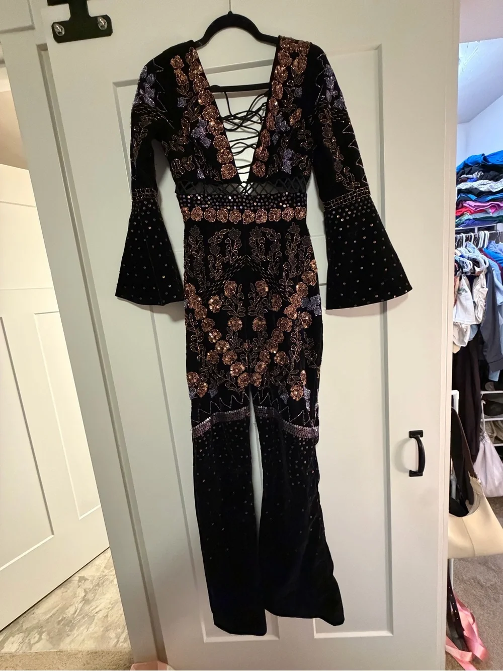 Nasty Gal Black Velvet Floral Embroidered Deep V Jumpsuit - Picture 3 of 8